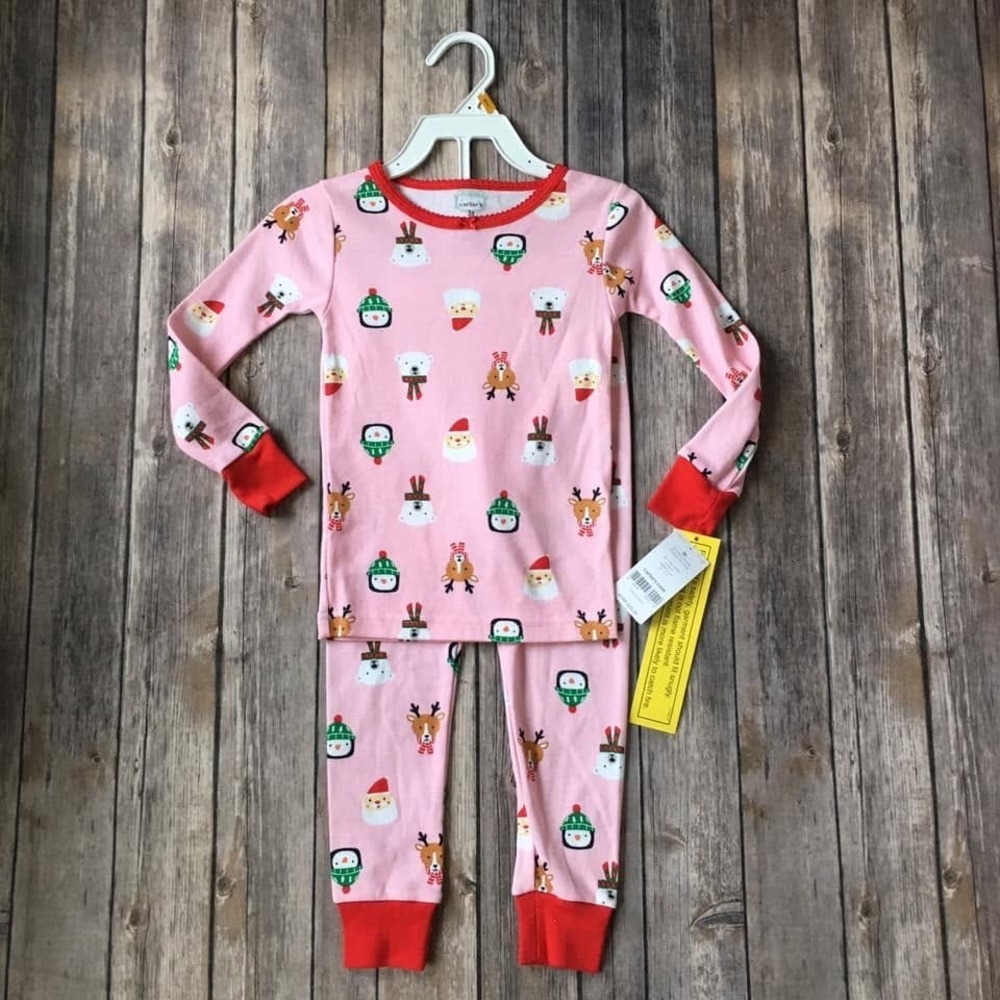 New Carters Cotton Pajama PJ Set Girl 3T Long John Sleep Top Pant Christmas Pink